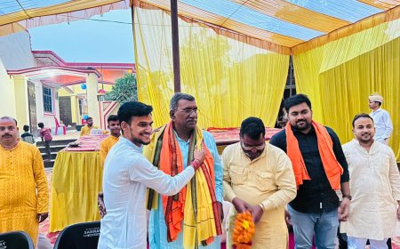 धमेडी चार में शुरु हुई श्री मद भागवत कथा की कलश यात्रा में पंहुचे मंत्री सुरेश राही आयोजकों को दी बधाई