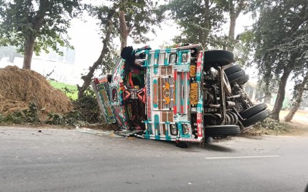 रामनगर बदोसरांय टिकैत नगर मार्ग पर ट्रक पल्टा ड्राइवर खलासी हुए चोटिल