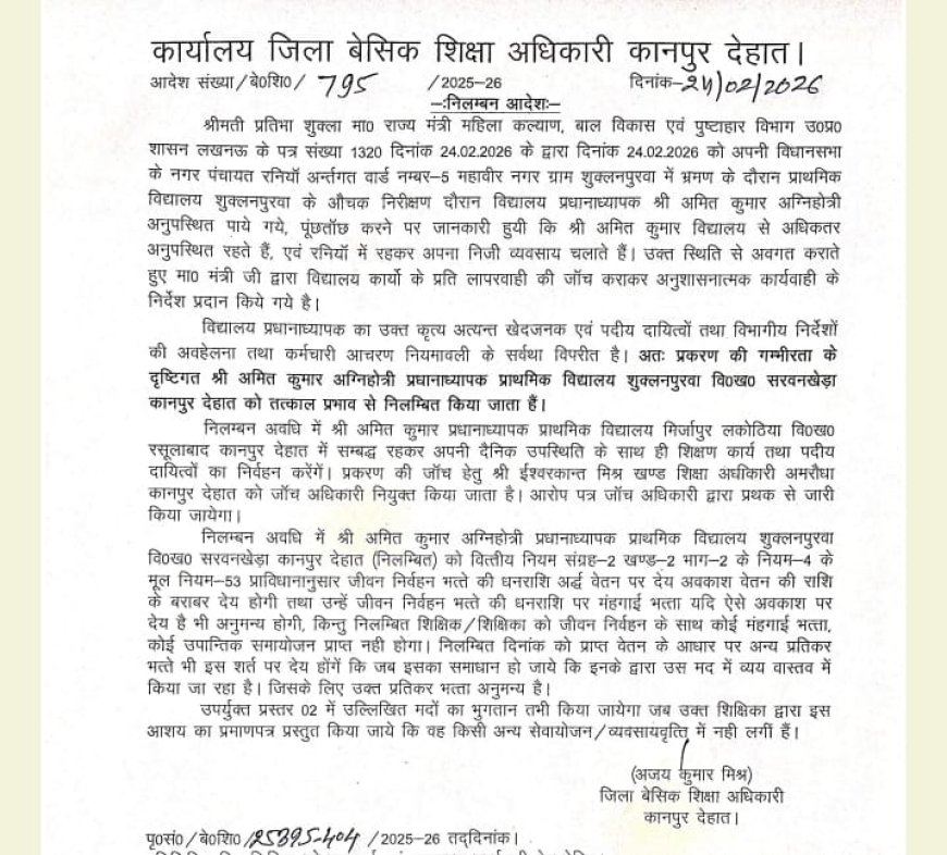 मंत्री प्रतिभा शुक्ला की सख्ती का असर: लापरवाह प्रधानाध्यापक सस्पेंड, शिक्षा विभाग में मचा हड़कंप